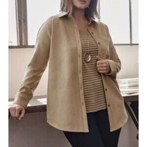 J. Jill Wearever Beige Faux Suede Button Up Shirt Jacket Shacket Sz L Tall